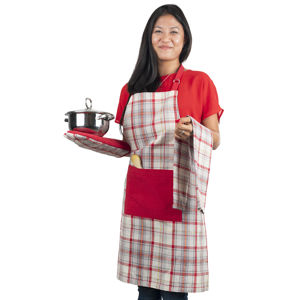 Káró konyharuha, piros-bézs, 50 x 70 cm, 3 db-os szett